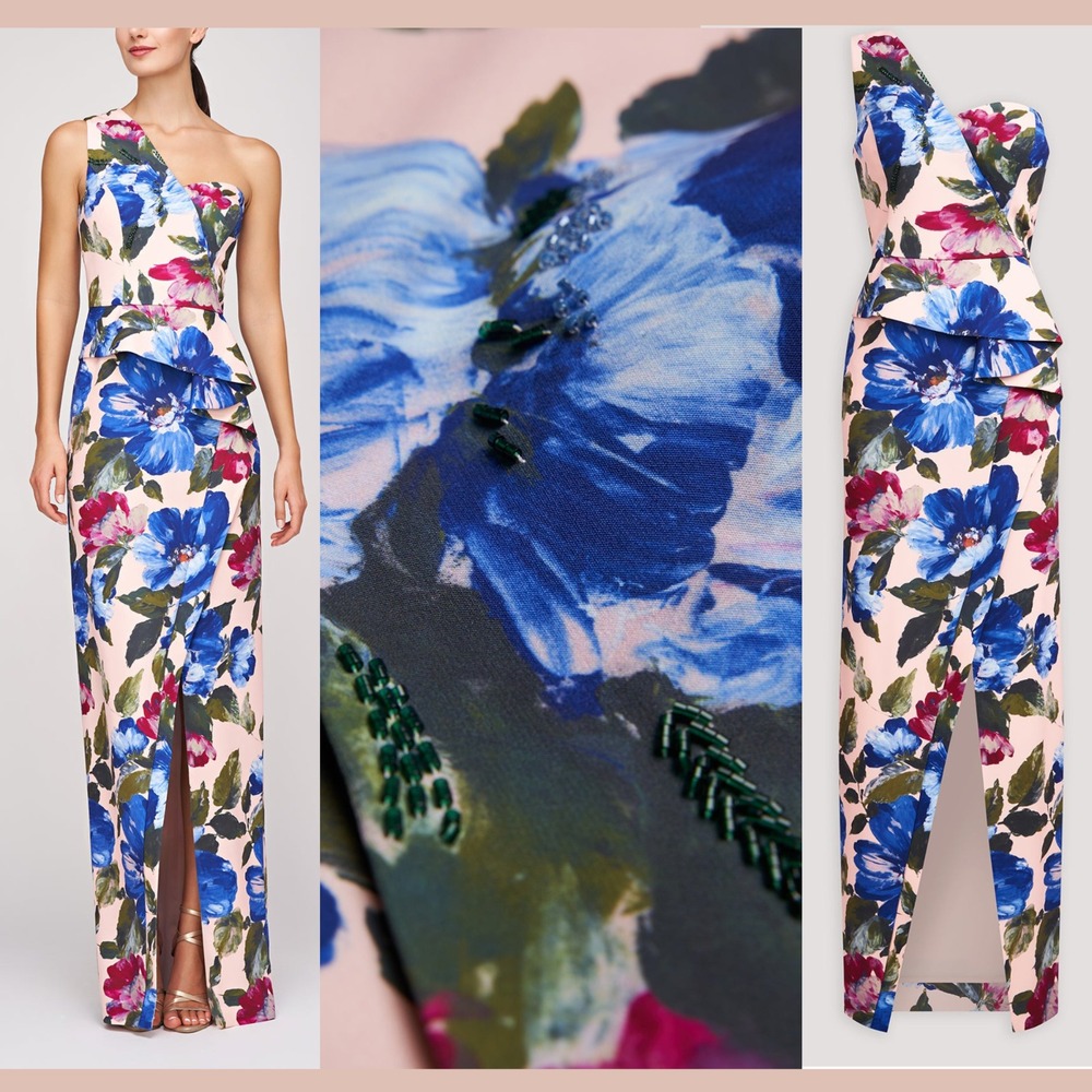 NEW $328 Kay Unger [ 10 ] Laurel One Shoulder Floral Ruffle Side Gown Pink S2043 - Picture 2 of 14